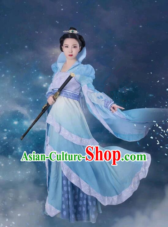 China Ancient Fairy Princess Blue Dress Clothing TV Series Chinese Paladin Long Kui Costumes
