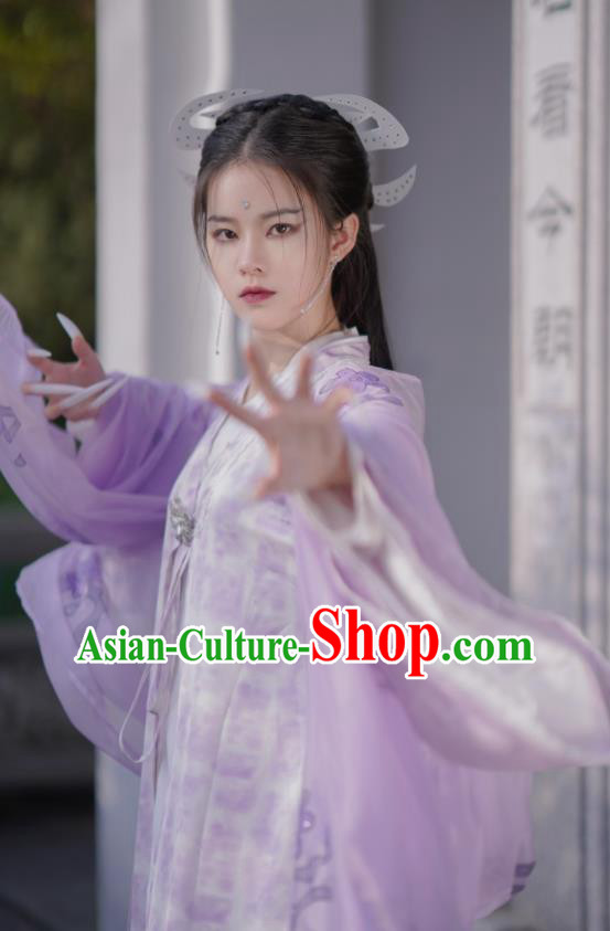 Chinese TV Series The Heaven Sword and Dragon Saber Zhou Zhiruo Garment Costumes China Swordswoman Purple Dress Clothing