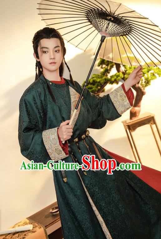 Chinese Ancient Swordsman Garment Costume Tang Dynasty Noble Childe Clothing Traditional Hanfu Dark Green Robe