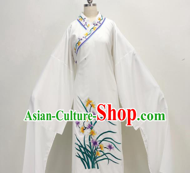 Chinese Beijing Opera Xiaosheng Embroidered Orchids White Robe Shaoxing Opera Scholar Clothing Ancient Childe Costume