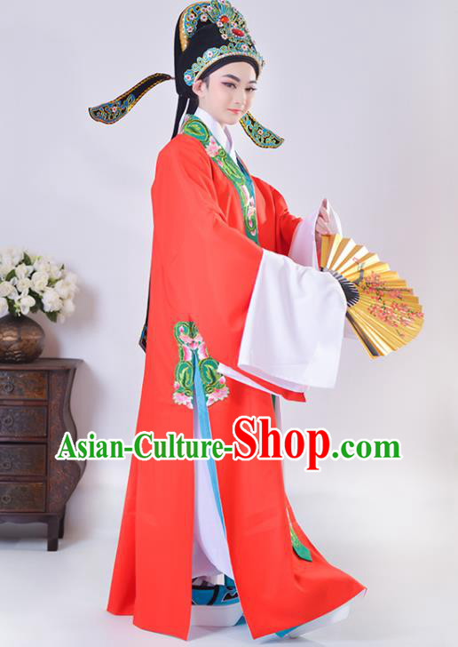 Chinese Shaoxing Opera Childe Clothing Ancient Scholar Zhao Sheng Costume Beijing Opera Young Male Red Cape