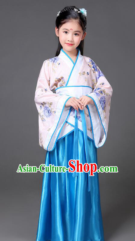 Chinese Han Dynasty Princess Garment Costume Ancient Palace Lady Blue Dress Clothing for Children