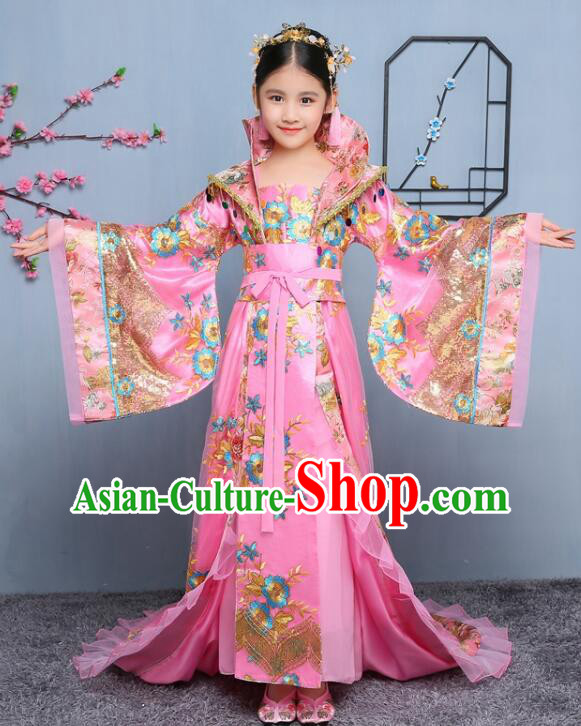 Chinese Fairy Pink Dress Tang Dynasty Empress Garment Costume Ancient Princess Children Clothing