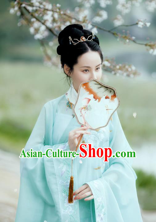 Chinese Ming Dynasty Historical Costumes Traditional Hanfu Ancient Young Beauty Blue Long Gown and Purple Skirt Complete Set
