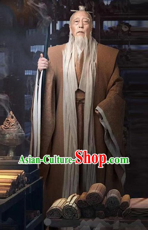 Chinese Qin Dynasty Confucian Fu Sheng Clothing Ancient Scholar Brown Garment Costumes