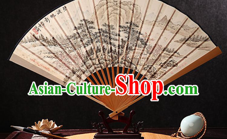 Chinese Ink Painting Landscape Fan Handmade Xuan Paper Accordion Bamboo Fan Traditional Folding Fans