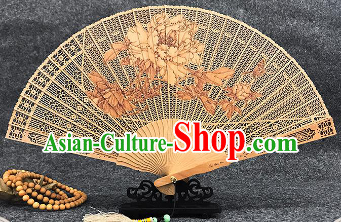 Chinese Sandalwood Fan Traditional Folding Fans Carved Peony Fan Handmade Women Accordion