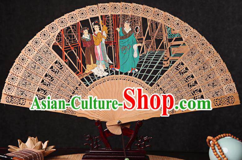 Chinese Handmade Craft Accordion Sandalwood Collection Fan Traditional Folding Fans Carved Romance of the Western Chamber Fan