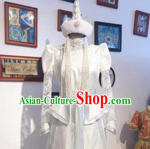 Chinese Traditional Embroidery Mongolian Robe Mongol Nationality Bride White Dress Handmade Wedding Costume