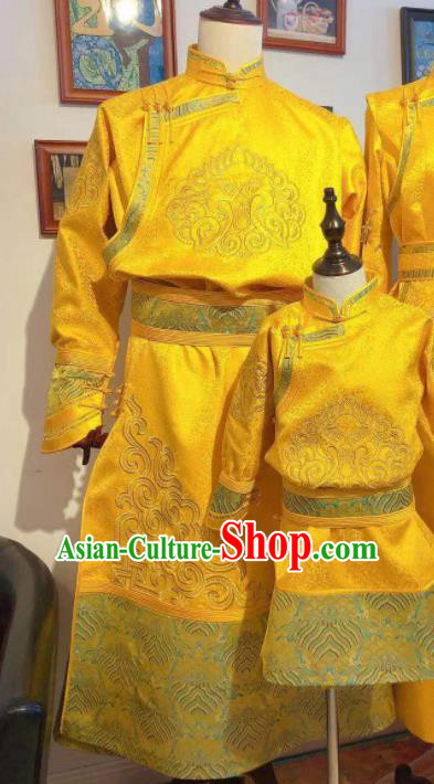 Chinese Mongolian Men Folk Dance Costume Traditional Ethnic Clothing Mongol Nationality Festival Gold Robe
