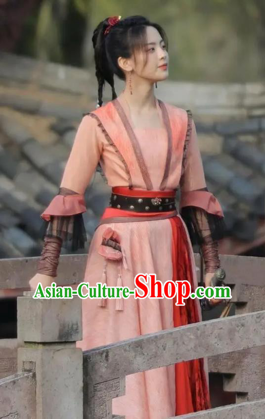 Chinese Traditional Young Lady Pink Dress Wuxia TV Series Heros Wen Rou Costume Ancient Female Swordsman Clothing