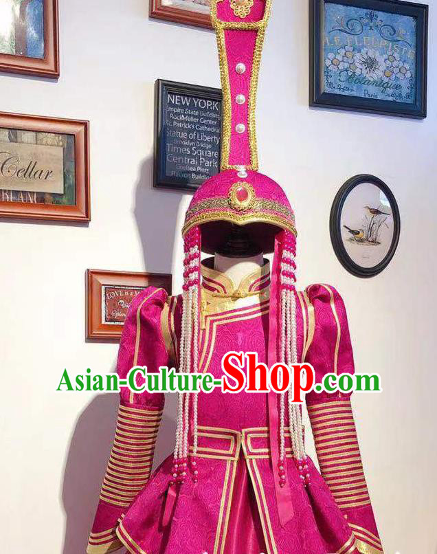 Chinese Mongol Nationality Dance Megenta Dress Mongolian Princess Garment Traditional Ethnic Festival Costume