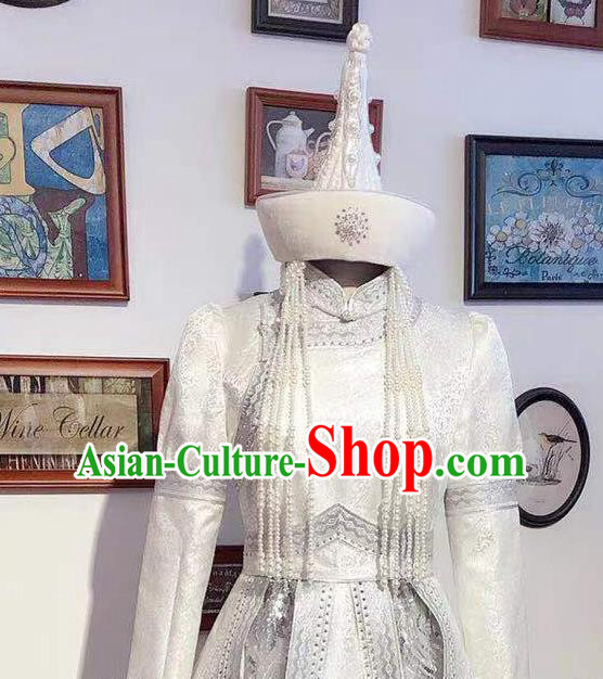Chinese Mongol Nationality Wedding White Dress Mongolian Folk Dance Garment Traditional Ethnic Festival Costume