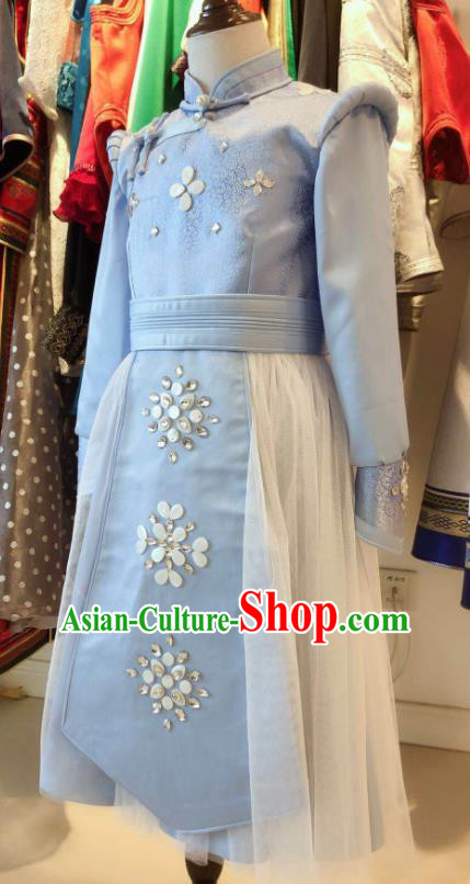 Chinese Mongol Nationality Woman Garment Costume Mongolian Festival Clothing Ethnic Folk Dance Blue Dress