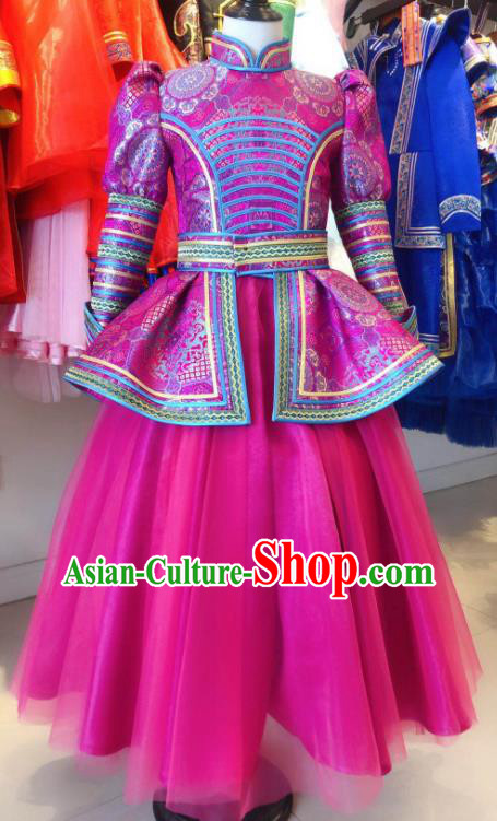 Chinese Mongol Nationality Folk Dance Garment Costume Mongolian Festival Clothing Ethnic Girl Megenta Dress