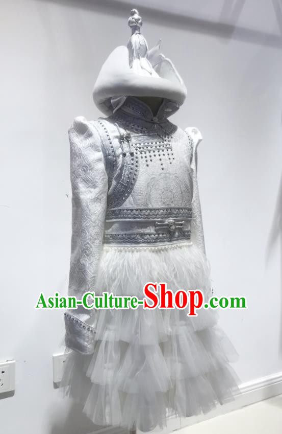 Chinese Mongol Nationality Girl White Short Dress Mongolian Folk Dance Clothing Ethnic Stage Performance Costume