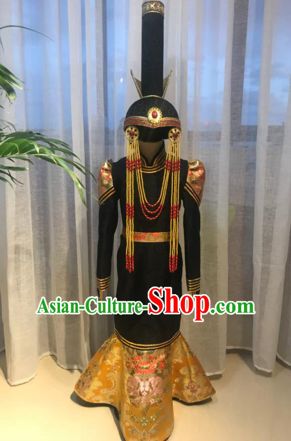 Chinese Ethnic Woman Costume Mongol Nationality Women Black Fishtail Dress Garment Mongolian Festival Performance Clothing and Hat