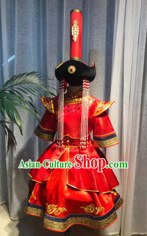 Chinese Ethnic Festival Performance Clothing Mongol Nationality Compere Costume Mongolian Children Folk Dance Red Dress