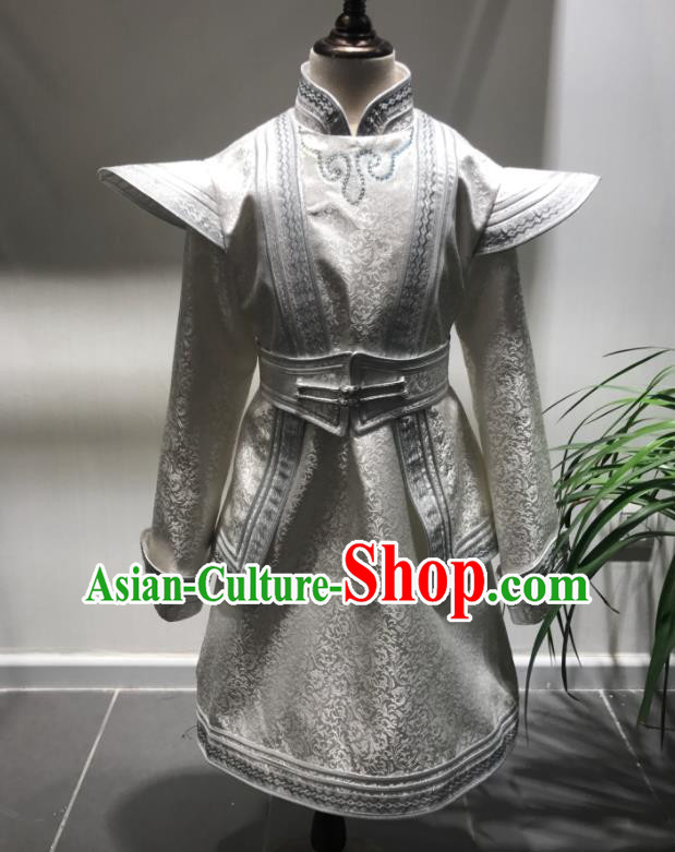 Chinese Ethnic Festival Performance Clothing Mongol Nationality Boy Costume Mongolian Folk Dance White Brocade Robe