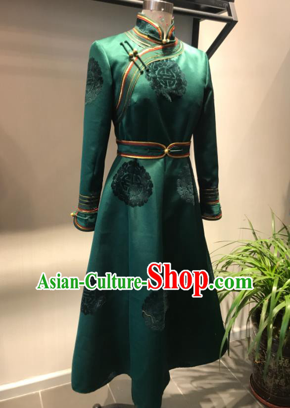 Chinese Ethnic Stage Performance Clothing Mongol Nationality Woman Garment Costume Mongolian Folk Dance Green Dress