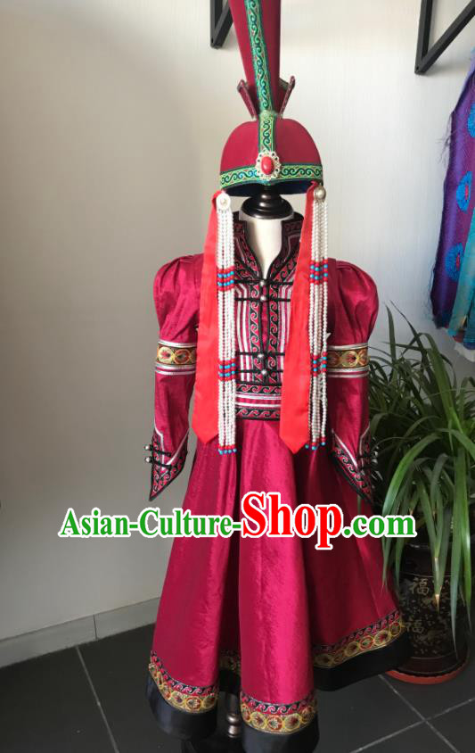 Chinese Mongolian Folk Dance Magenta Dress Ethnic Stage Performance Clothing Mongol Nationality Girl Garment Costume and Headwear