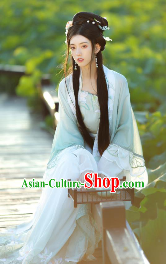Chinese Traditional Light Green Hanfu Dress Ancient Young Woman Clothing Song Dynasty Princess Garment Costumes
