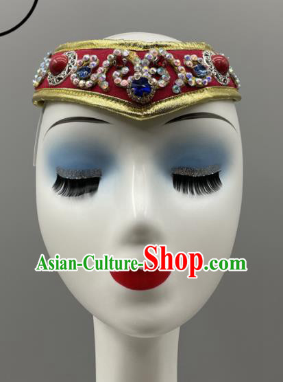 Chinese Ethnic Stage Performance Red Hair Jewelry Mongolian Minority Women Dance Headwear Mongol Nationality Headpiece