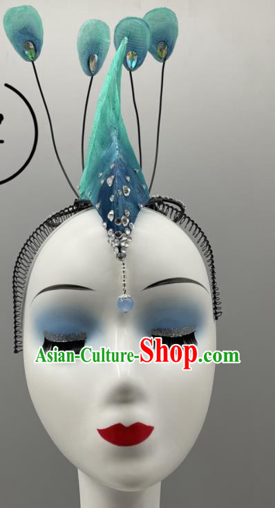 Chinese Dai Nationality Blue Feather Headpiece Yunnan Ethnic Stage Performance Hair Jewelry Dai Minority Peacock Dance Headwear