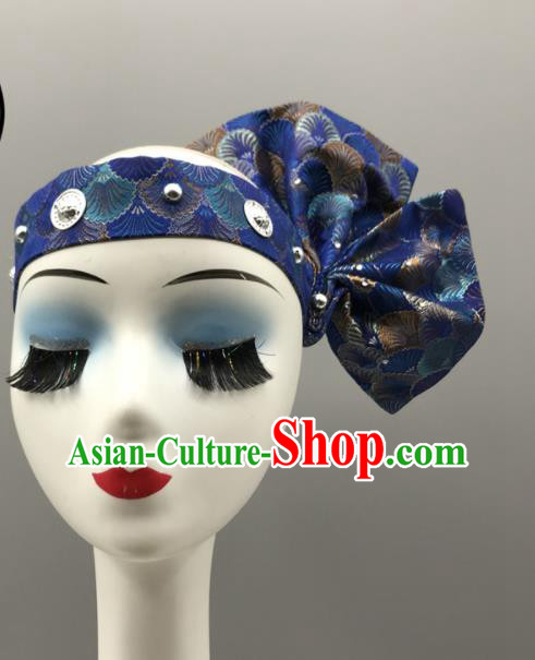 Chinese Dai Nationality Man Headdress Ethnic Stage Performance Blue Headband Wa Minority Dance Headwear