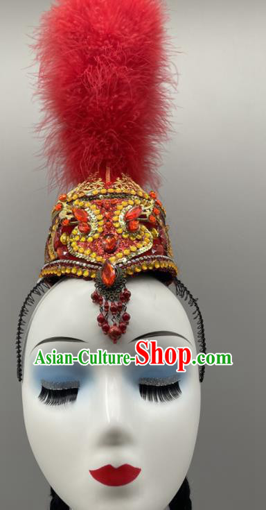 Chinese Xinjiang Minority Dance Red Feather Hat Uyghur Nationality Woman Headdress Ethnic Stage Performance Braids Headpiece