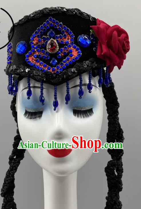 Chinese Uyghur Nationality Woman Headdress Ethnic Stage Performance Braids Headpiece Xinjiang Minority Dance Black Hat