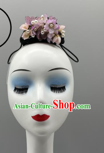 China Classical Dance Wig and Hair Jewelries Yangko Dance Purple Flowers Headpieces Women Group Stage Performance Headwear
