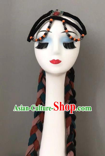 Chinese Tibetan Minority Dance Hair Jewelry Zang Nationality Woman Headdress Ethnic Stage Performance Braids Headpiece