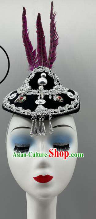 Chinese Hmong Minority Dance Headwear Miao Nationality Woman Headdress Ethnic Stage Performance Purple Feather Hair Jewelry