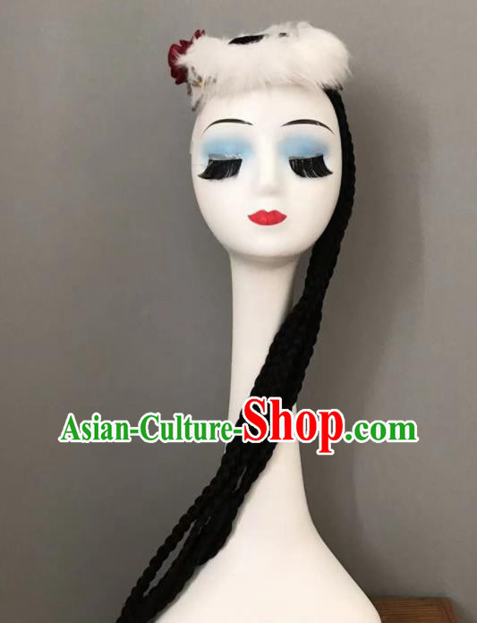 Chinese Ethnic Stage Performance White Fur Hat Mongolian Minority Dance Headwear Mongol Nationality Woman Braids Headdress