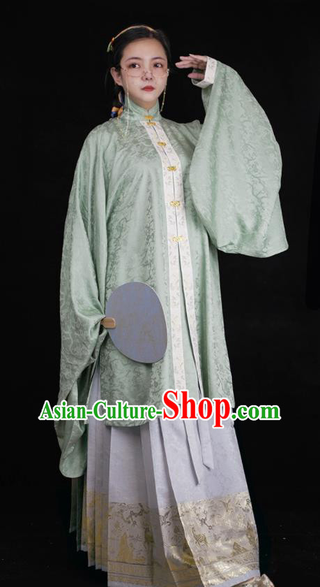 Chinese Ancient Young Mistress Clothing Traditional Hanfu Green Gown and Skirt Ming Dynasty Noble Woman Costumes