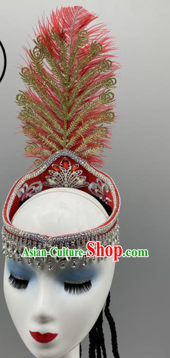 Chinese Xinjiang Dance Red Feather Headband Ethnic Stage Performance Hair Jewelry Uyghur Nationality Folk Dance Headdress