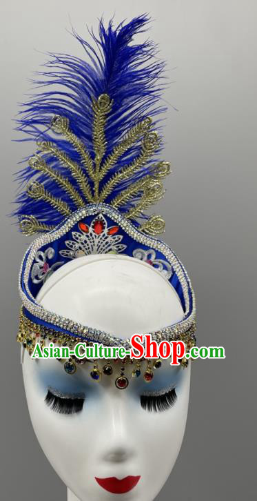 Chinese Xinjiang Dance Royal Blue Feather Hat Ethnic Stage Performance Bells Hair Jewelry Uyghur Nationality Folk Dance Headdress
