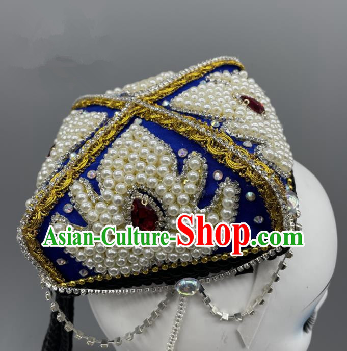Chinese Xinjiang Dance Royal Blue Hat Ethnic Stage Performance Headwear Uyghur Nationality Folk Dance Braids Headdress
