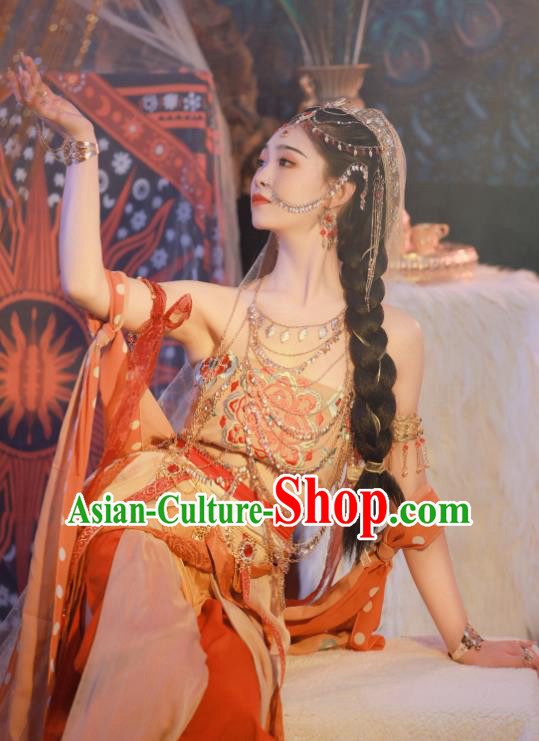Chinese Ethnic Young Lady Garment Costumes Traditional Dance Dress Ancient Western Regions Princess Clothing and Headpieces