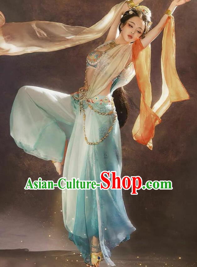 Traditional Chinese Dun Huang Flying Apsaras Costume Ancient Tang Dynasty Dance Lady Dress Fairy Light Blue Hanfu Clothing