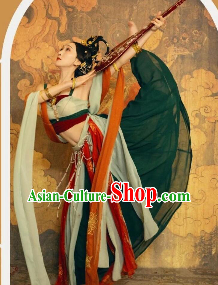 Chinese Ancient Fairy Dark Green Hanfu Clothing Traditional Dun Huang Flying Apsaras Costume Tang Dynasty Dance Lady Dress