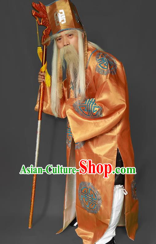 Journey to the West God of Land Orange Robe China Beijing Opera Elder Male Costume Ancient Ministry Councillor Clothing