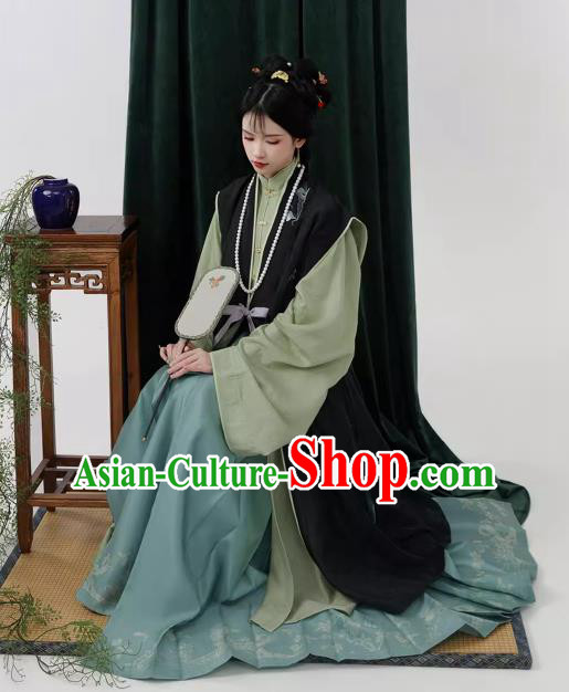 China Ancient Young Mistress Costumes Traditional Hanfu Ming Dynasty Black Long Vest Green Gown and Blue Ma Mian Qun Skirt Complete Set