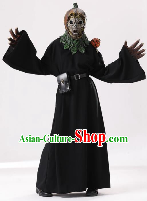 Top Cosplay Demon Black Robe and Headdress Halloween Fancy Ball Skull Costume for Adults