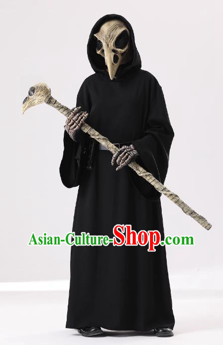 Halloween Fancy Ball Crow Skull Costume Top Cosplay Demon Black Robe and Headdress for Adults