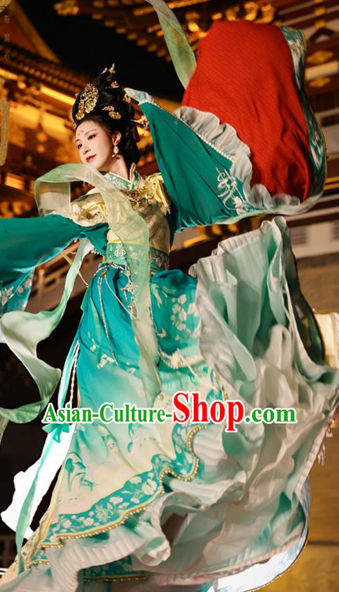 China Traditional Mural Empress Green Hanfu Dress Ancient Goddess Costumes Southern and Northern Dynasties Historical Clothing