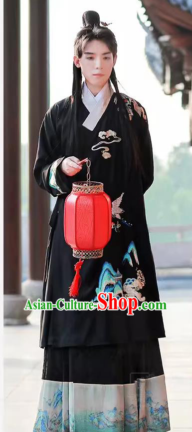 China Traditional Male Hanfu Black Long Gown and Skirt Ancient Ming Dynasty Young Childe Costumes