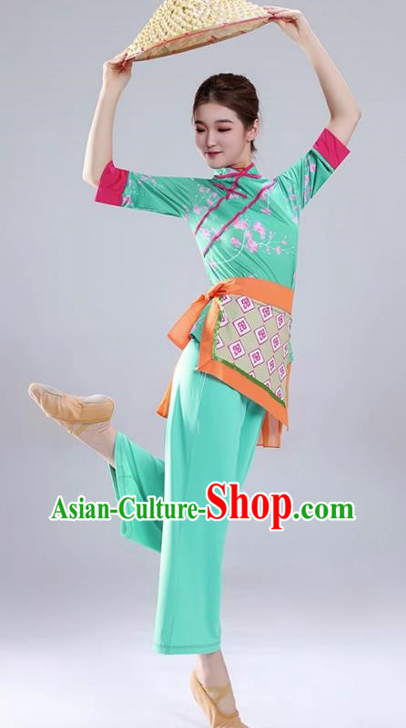 Light Green Tea Picking Female Dance Costumes Bamboo Hats Yangko Costumes Adult Village Girl Costumes Ethnic Style Costumes