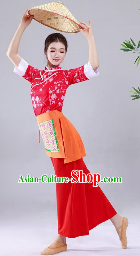 Red Tea Picking Female Dance Costumes Bamboo Hats Yangko Costumes Adult Village Girl Costumes Ethnic Style Costumes